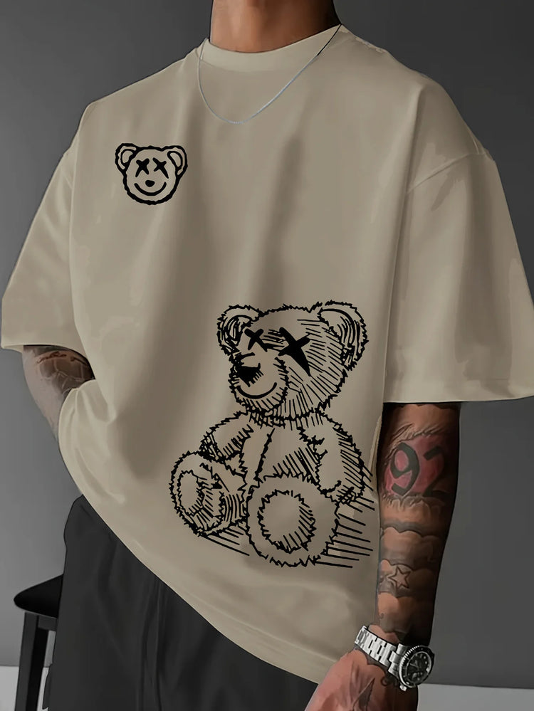 Oversized Summer Fit 100% Pure Cotton Casual Cartoon Bear Pattern T-Shirt