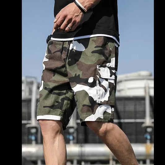 Summer Men'S Outdoor Camouflage Cargo Shorts Pocket Cotton Casual Half Pants Mid Waist Drawstring Loose Shorts Bib Overalls 7XL