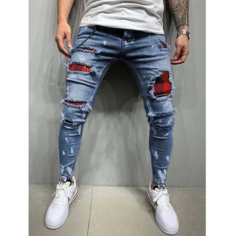 Men'S Ripped Skinny Jeans Patchwork Grid Stretch Casual Denim Pencil Pants Man Fashion Paint Painting Jogging Trousers Male