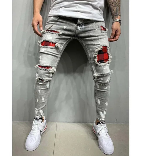 Men'S Ripped Skinny Jeans Patchwork Grid Stretch Casual Denim Pencil Pants Man Fashion Paint Painting Jogging Trousers Male