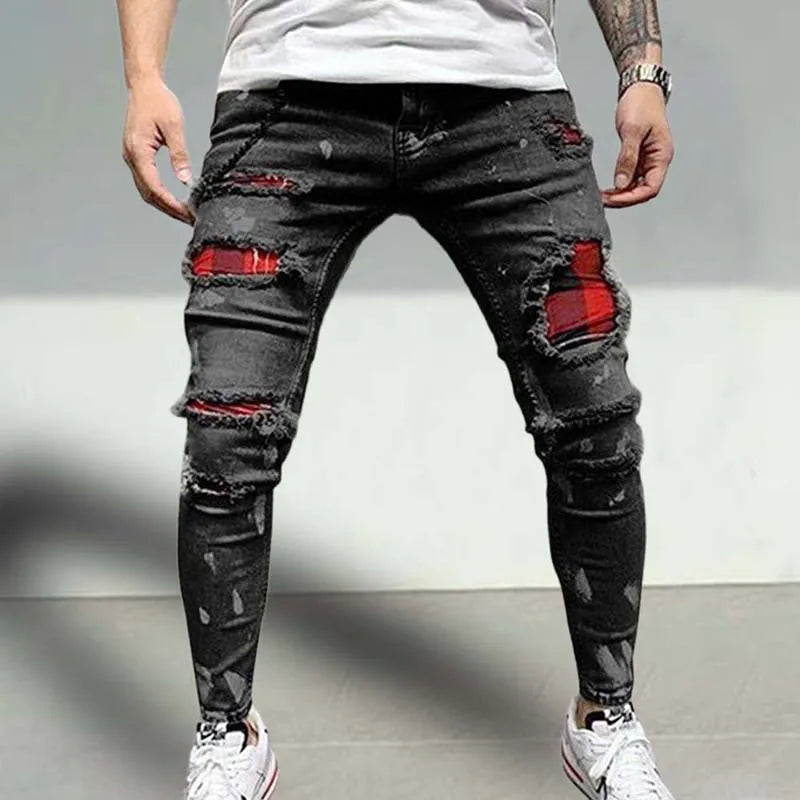 Men'S Ripped Skinny Jeans Patchwork Grid Stretch Casual Denim Pencil Pants Man Fashion Paint Painting Jogging Trousers Male